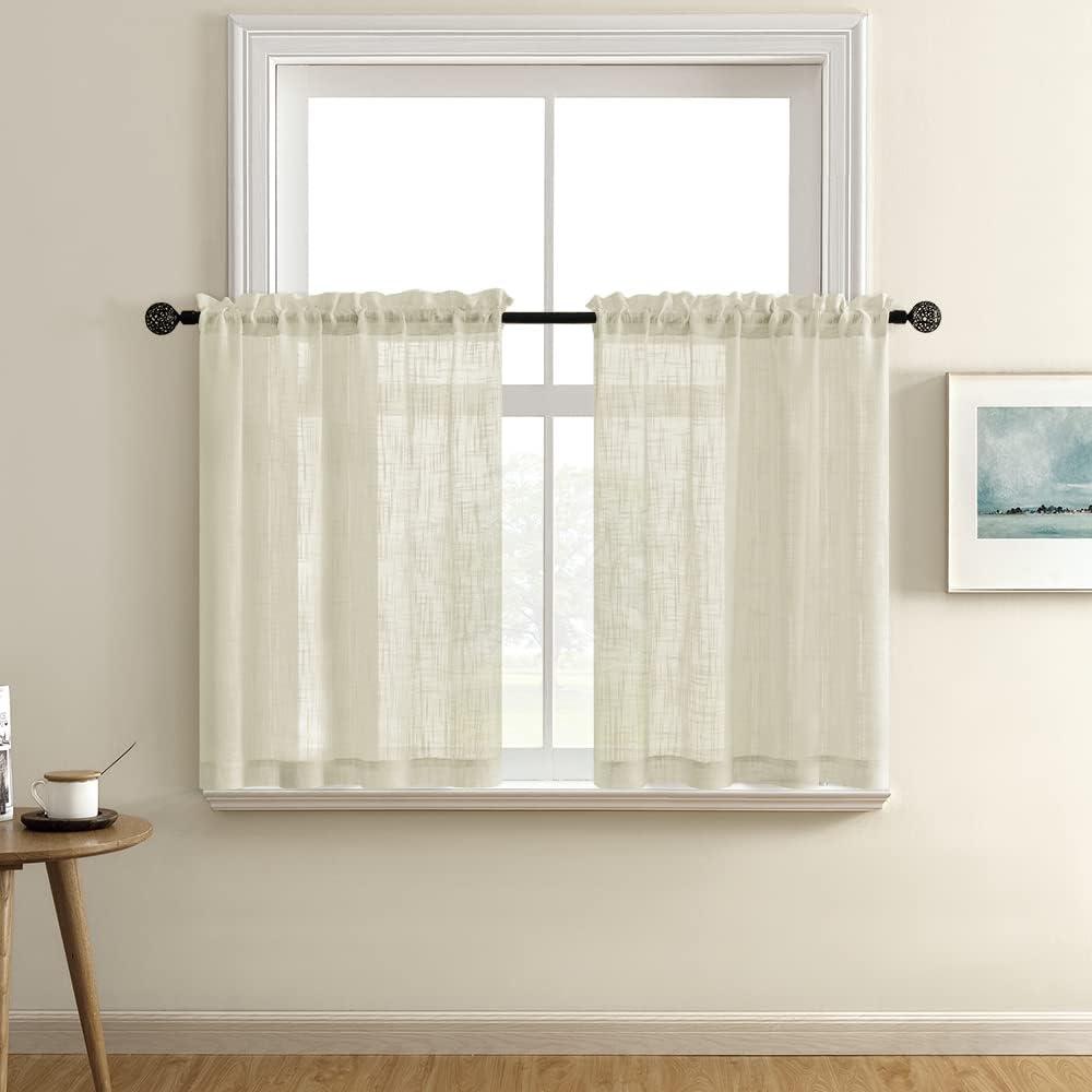 XTMYI Small Window Curtains for Kitchen,Rustic Country Sheer Short Curtain for Bathroom Bedroom,30 Inch Length,Tan Beige
