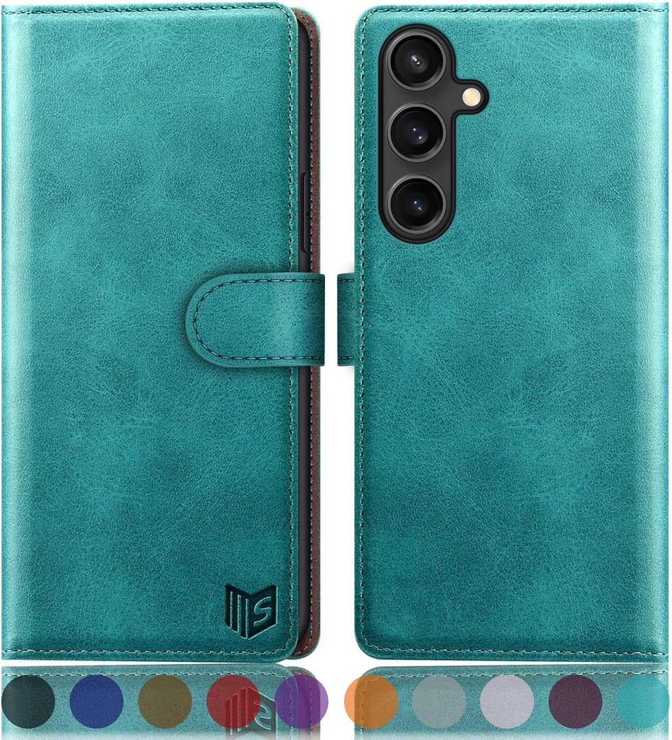 SUANPOT Compatible with Samsung Galaxy S25 Plus Wallet case with RFID Blocking Credit Card Holder,Flip Book PU Leather Protective Cover Women Men for Samsung S25 Plus Phone case Blue Green
