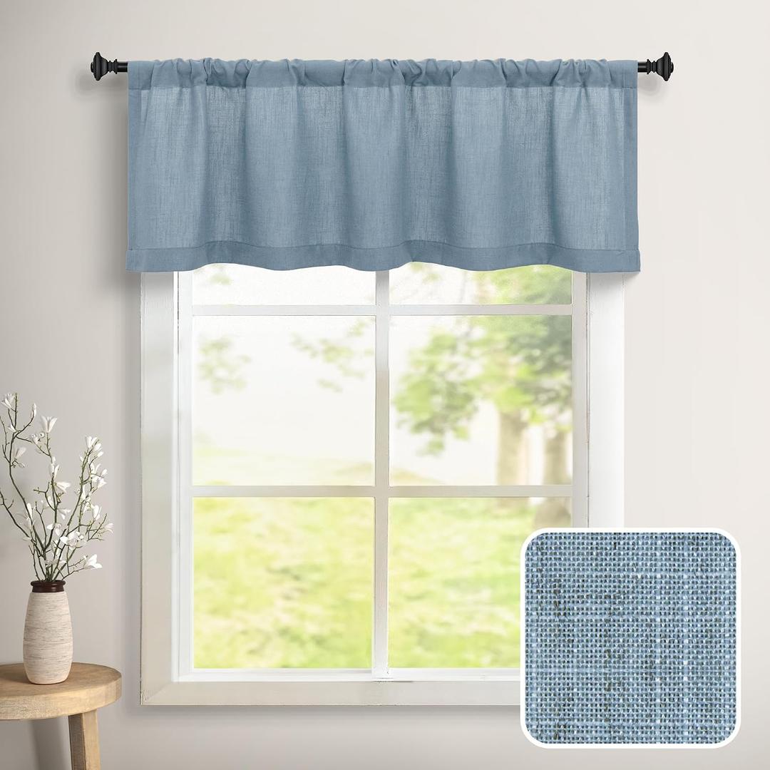 DANCURTON Stone Blue Sheer Valance for Window Kitchen 18 Inch Length Pocket Country Farmhouse Semi Privacy Linen Curtain for Boys Kids Bedroom Short Valance for Small Window Bathroom Blue Grey, 52"W x 18"L