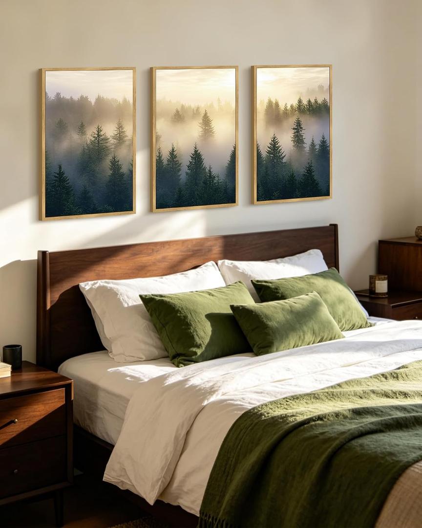 PHOPAGO Green Fog Pine Tree Framed Wall Art 16x24in Nature Misty Nordic Forests Artwork Morden Paints Bedroom Laundry Living Room Wall Decor - Natural Framed