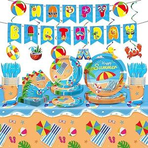 Qyeahkj 184 Pcs Beach Party Supplies Plates Napkins Set Includes Summer Plates Napkins Cups Tablecloth Swirls Banner Tableware Kit Beach Hawaiian Pool Birthday Decorations Favors for Kids, Serve 25