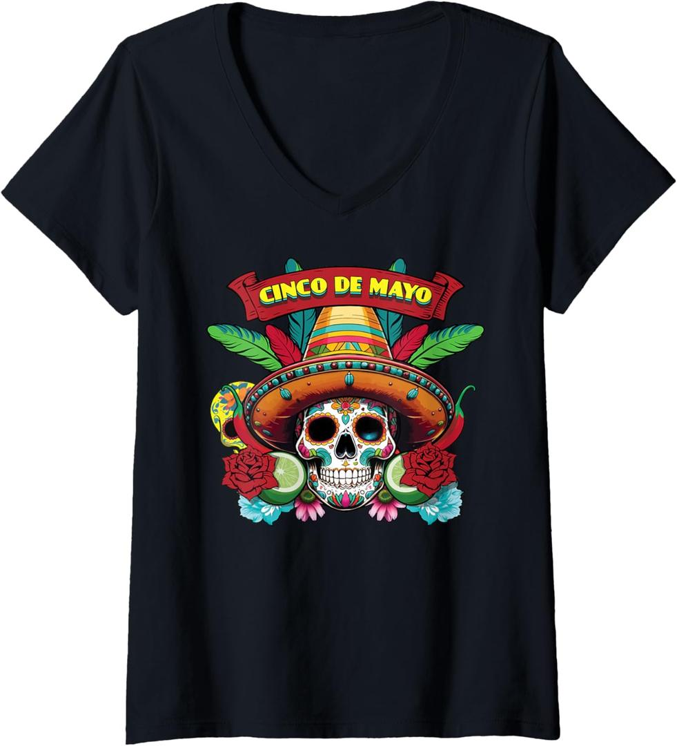 Womens Cinco De Mayo Skeleton Sombrero Mexican Sugarskull V-Neck T-Shirt (Small, Black)
