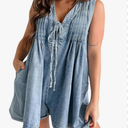 Womens Summer Casual Sleeveless Denim Romper Tie Front V Neck Jean Overall Shorts Romper With Pockets (Medium)