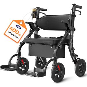 VOCIC Walkers for Seniors Z59, 2 in 1 Walker Wheelchair Combo, 400 LBS Weight Capacity, 10" All Terrain Rollator with Extra Wide Seat & Backrest, Heavy Duty Rollator with Cup Holder