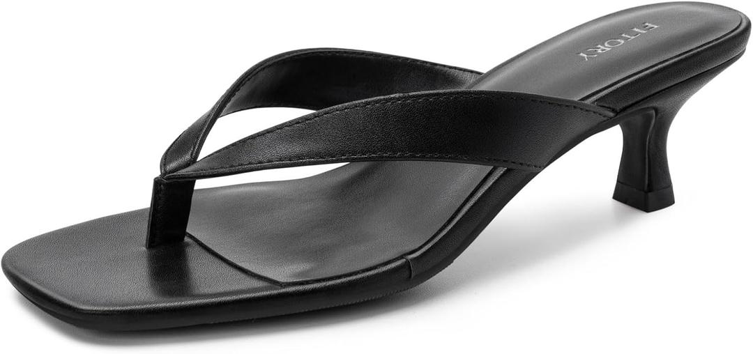 FITORY Women's Sexy Kitten Heel Flip Flops,Square Open Toe Low Heel Sandals, Slip on Comfortable Thong Heels for Causal Size 8, Black)