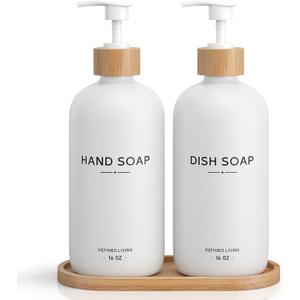 Hand and Dish Soap Dispenser Set,16oz Glass Bottles with Bamboo Pumps & Tray,Countertop Soap Dispensers for Kitchen,Luxury, Minimalist & Farmhouse Decor, 1 Piece