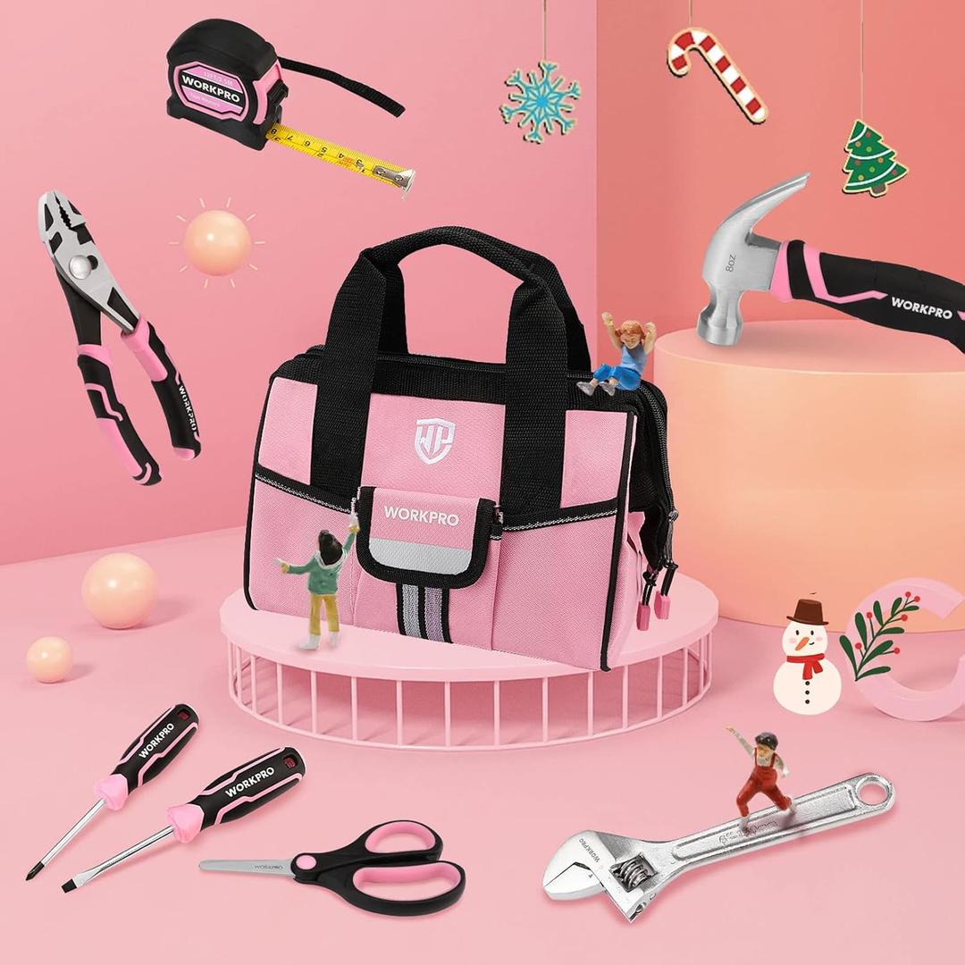 WORKPRO 8-Piece Kids Real Hand Tool Set, Pink Junior Tool Kit with Storage Bag for Boys, Girls, Children DIY Building and Woodworking, Age 8+