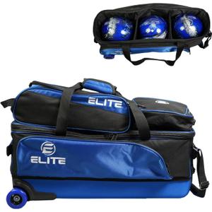 ELITE 3 Bowling Ball Slim Triple Tournament Travel Roller Tote Bag with Wheels -Removable Shoe Compartment and Accessory Pouch - USB Charging Port and Storage Pockets, (Black/Royal)