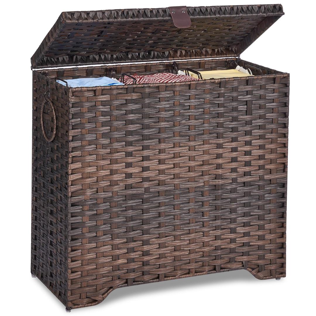 130L Wicker Laundry Hamper with Lid, 3-Section Laundry Basket