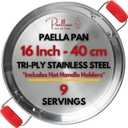 Paelluxe 16" Tri-Ply Stainless Steel Paella Pan 9 Servings Rust-Free, No Seasoning, Induction + Oven Safe Paellera for Paella, Searing, Frying & Outdoor Cooking with Heat-Resistant Handle Covers