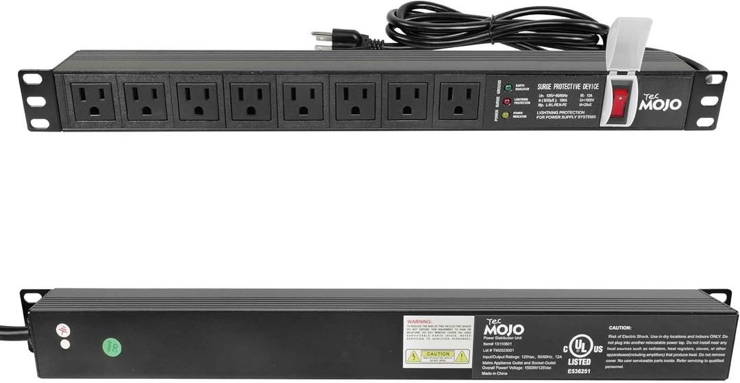 Tecmojo 1U Rack-Mount Horizontal 8-Outlet Power Strip UL Listed PDU with Surge Protection LED Indicators 6ft Cord Power Distribution for IT and Network Server Racks (8 Outlets/12A/Aluminum profile)