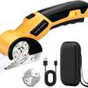 4V Cordless Electric Scissors, Quick Cutting LED Light & Safety Lock, 2-Blade Rotary Cutter for Cardboard, Fabric, Carpet, Leather, Rechargeable with Storage Box (Yellow)