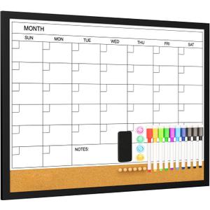 Large Monthly Whiteboard Calendar with Cork for Wall, 24" x 18" Dry Erase Board with Wooden Framed, Hanging Dry Erase Calendar for Home, Office, School (Black)