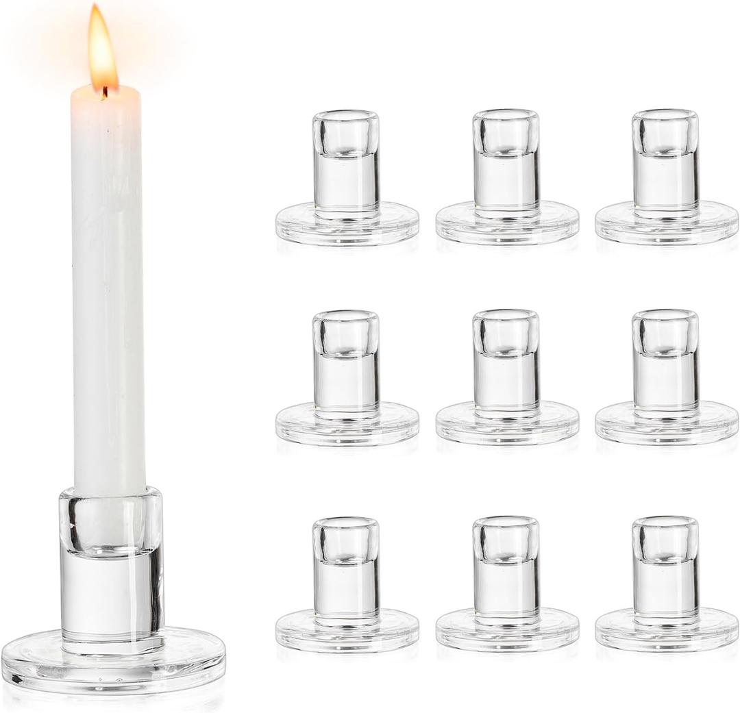 NUPTIO Glass Candle Stick Holder: Set of 10 Clear Small Taper Candlestick Holders for Tapered Candles Bulk Crystal Short Tapers Candlesticks Candleholder for Dining Table Fireplace Mantle Decor (10 Pcs, Clear)