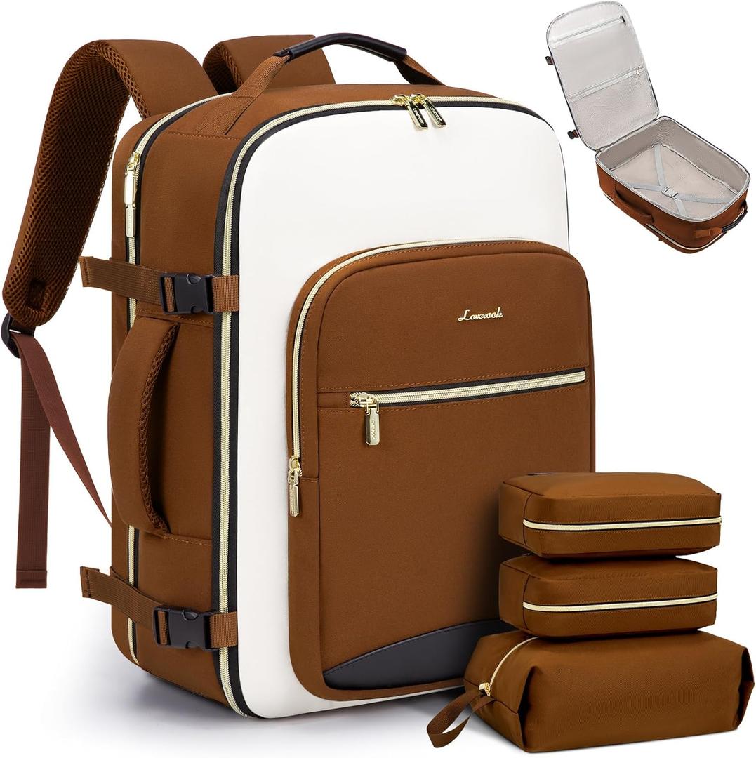 LOVEVOOK Travel Backpack for Women Men as Personal Item Flight Approved, 40L Luggage Carry On Backpack,17.3inch Large Daypack Laptop Backpack Waterproof Outdoor Sports with 3 Packing Cubes,Beige-Brown