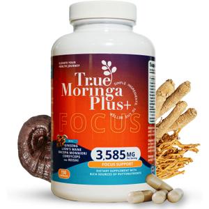 True Moringa Plus+ Focus Support Supplement 10:1 Extract | 20,000mg of Organic Moringa, Reishi, Cordyceps, Lions Mane, Ashwagandha, Bacopa Monnieri | Memory & Brain Health for Adults (150 Capsules)