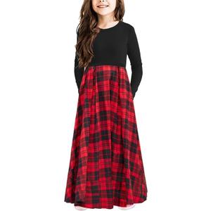 KYMIDY Girls Maxi Dress Kids Buffalo Check Plaid Long Sleeve Casual Dresses with Pockets for Girls, Red, 14 Years