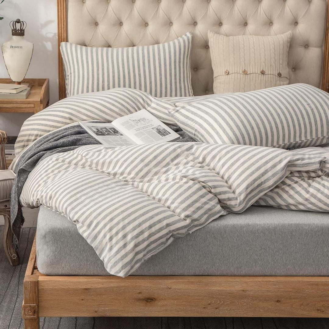 PURE ERA Jersey Knit Duvet Cover Set 100% T-Shirt Heather Cotton Super Soft Comfy Classic Striped Design, with Zipper Closure, Grey & White Stripe, Full