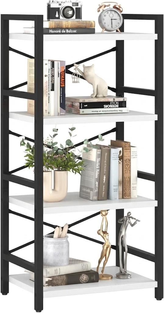 Yoobure 4 Tier Bookshelf - Small Book Shelf Industrial Bookcase, Narrow Book Case Book Storage Organizer for CD/Movie/Book, Bookshelves for Bedroom Office Living Room White