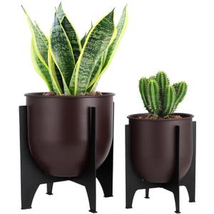 TRIROCKS Set of 2 Planters with Stand Indoor Outdoor Metal Plant Stand 11 &8.5" H Modern Planters Flower Pots for Living Room Corner Kitchen Office Garden Balcony Patio Decor (Brown)