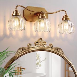 Vintage Bathroom Light Fixtures, 3 Light Gold Bathroom Vanity Light, Matte Antique Brass Finish with Crystal Glass Shade, Wall Sconces Lighting for Bedroom, Living Room, Hallway