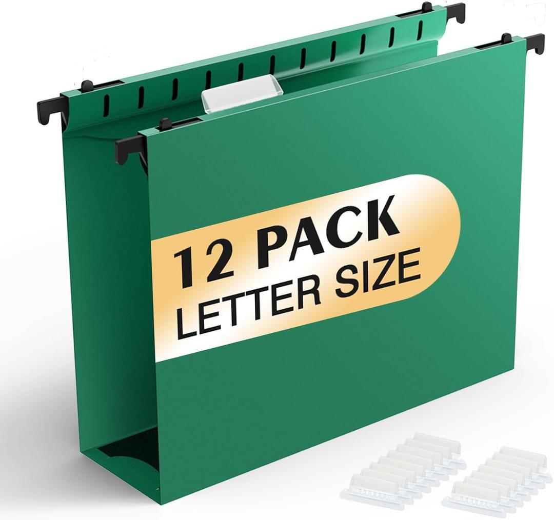 Extra Capacity Plastic Hanging File Folders,12 Pack Reinforced Hang Folder,Heavy Duty 2 Inch Expansion,Plastic Filing Cabinet Folders,Letter Size,Designed for Bulk Files, Medical Charts (Green)