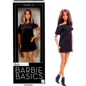 Barbie Basics Model 01 Collector Doll with Brunette Hair, Black Mini Dress & Shoes, Universal-fit Fashions, Posable Body & Swappable Doll Head