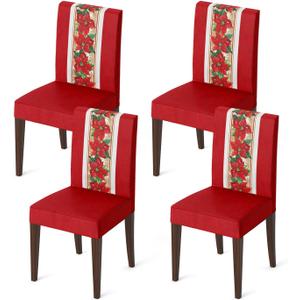 Horaldaily 4PCS Christmas Dining Chair Covers,Watercolor Red Poinsettia Stretch Removable Washable Slipcover Chair Protector for Dining Room Home Decor