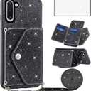 Asuwish Phone Case for Samsung Galaxy Note 10 5G Wallet Cover with Tempered Glass Screen Protector and Crossbody Strap Lanyard Bling Glitter Credit Card Holder Note10 Notes 10s Ten Not S10 Black