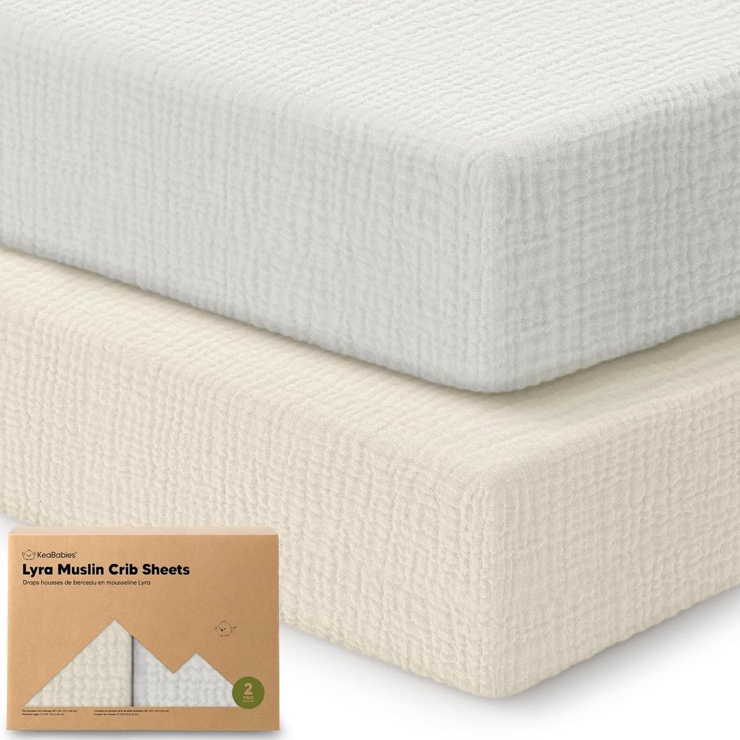 KeaBabies 2-Pack Muslin Crib Sheets for Boys, Girls - 100% Organic Cotton Fitted Baby Crib Mattress Sheet, Soft Breathable Standard Toddler Bed Cover Bedding Set, Neutral, Durable 52x28 (Greige)