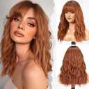 HAIRCUBE Long Wig with Bangs Synthetic Wavy Wigs for Women Auburn Color