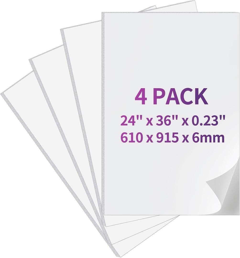 4Pack 24"x36" Self Adhesive Poster Board, 0.23 Inch Thick Foam Core Board with Self-Adhesive, Free Mounting Poster Boards, Large White Display Boards for Crafts, Art, Display