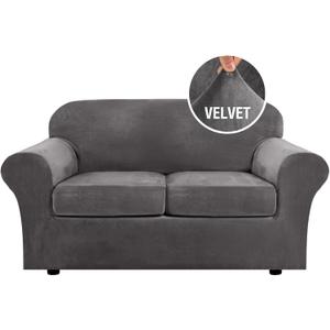Real Velvet Plush 3 Piece Stretch Sofa Covers Couch Covers for 2 Cushion Couch Loveseat Covers Width Up to 72 Inch Feature Thick Soft Stay in Place (Medium Sofa, Grey)