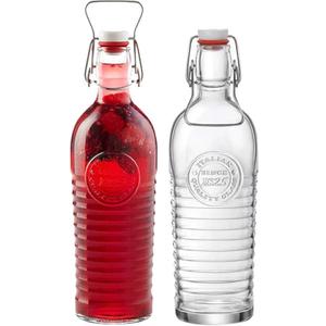 Bormioli Rocco Officina 1825 Swing Top Bottle with Handles (Set of 2) - 37.25 oz with Flip Top, Airtight Beverage Storage Bottles for Juice, Wine, Kombucha, Salad Dressing - Made in Italy