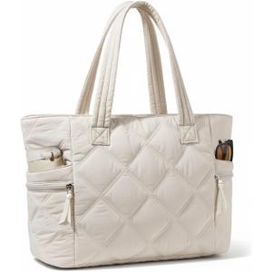 Prite Quilted Tote Bag for Women, Lightweight Puffer Tote with Zipper, Travel Work Nurse Gym Bag(Beige)