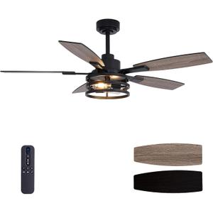 52 Inch Ceiling Fans with Lights and Remote Control, Farmhouse Ceiling Fan for Bedroom Living Room and Patio, Black Caged Ceiling Fan for Indoor and Outdoor