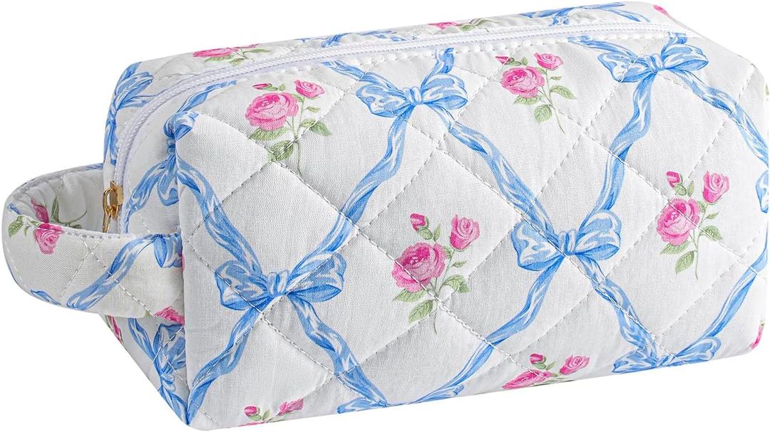 Gleyemor Cute Small Quilted Makeup Bag for Women, Floral Cotton Cosmetic Bag, Toiletry Pouch Travel Essentials Christmas Gifts (Blue Bowknot & Rose)