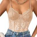 Milumia Women's Sexy Sheer Mesh Lace Bodysuit Spaghetti Strap Bustier Corset Tops Rave Party Club (Apricot) X-Large 