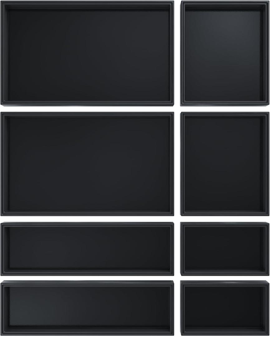 Bathroom Drawer Organizer Trays, Bamboo Drawer Organizer Kitchen Utensils Silverware Organizer, 8 PCS Wood Box Stackable Bins for Makeup, Office Desk, Junk Drawer (Black)