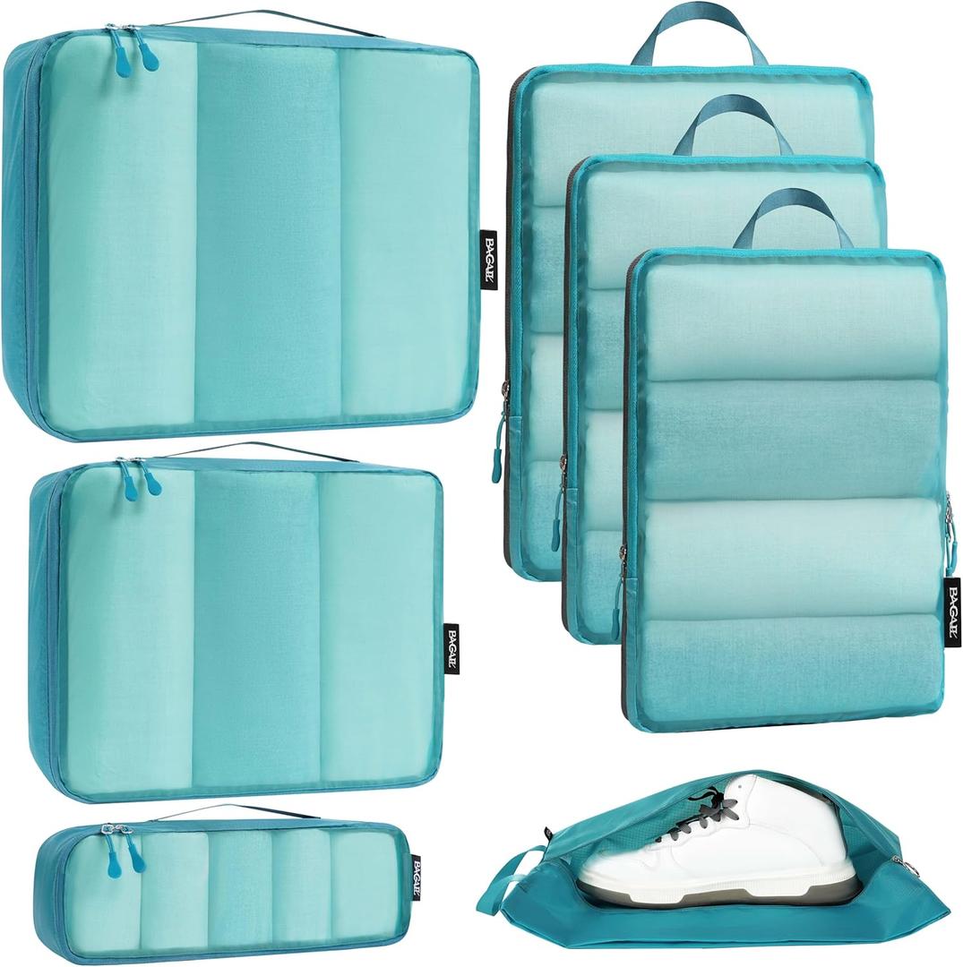 Bagail Ultralight Compression Cubes 7 Set - 3 Packing Cubes, 3 Organizers, and 1 Shoe Bag (Teal)
