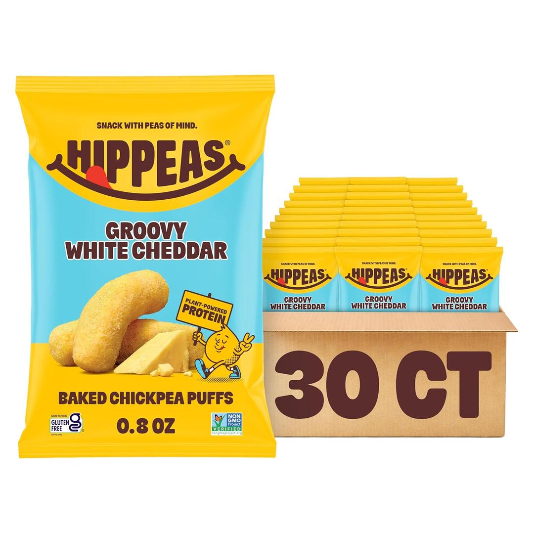 HIPPEAS Chickpea Puffs, Groovy White Cheddar, Gluten Free Snacks, Dairy Free, Vegan, 0.8oz, Pack of 30, 3g Protein, 2g Fiber, Crunchy, Nutritious, Baked Plant Protein Snack, Non-GMO, Kosher (EXP 02/11/25)