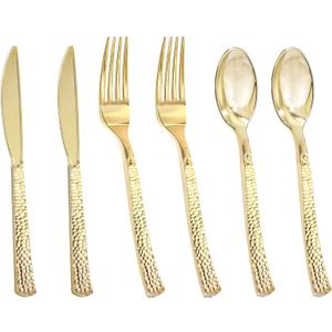 Nervure 300PCS Gold Hammered Plastic Silverware - Heavy Duty Plastic Cutlery - Gold Disposable Utensils Includes 100 Forks, 100 Knives, 100 Spoons Perfect for Wedding & Party