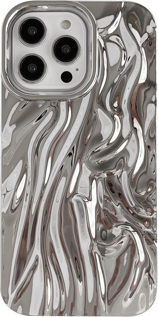 Caseative for iPhone 14 Pro Max Case,Pleated Water Ripple Chrome Wave Pattern Soft Phone Case (Silver)