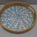 Round Rattan Tray with Handle, Rattan Serving Tray with Mother of Pearl Inlay Wooden Base, Decorative Wicker Basket for Table Decor (Blue Leaves)
