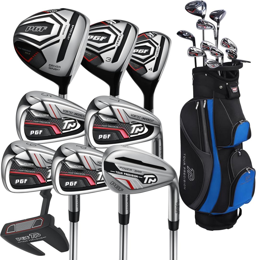 PGF Men's Gold TP Complete Golf Club Package Set [11-Pieces] [Hand: Right] [Length: 1 Inch Long] 1# Driver, 2# Wood, 3# Hybrid, 4/5# iron, 5/7# iron, 6/9# iron, 7# PW, 8# SW, 9# Putter, 10/14# Cart bag, 11# Driver HC