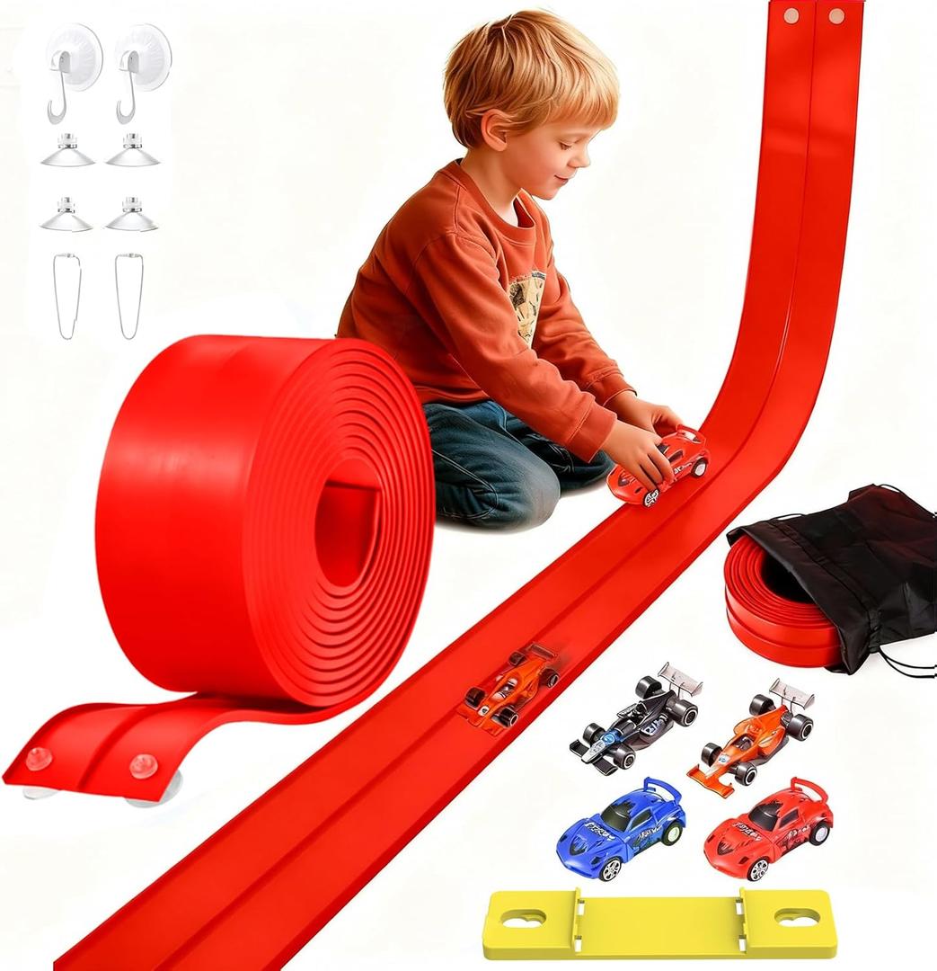 Flexible Race Track Toys for Kids: 20 Ft Flex Race Car Ramp Track with Suction Cups - Rolls Up Portable DIY Racetrack with 4 Racing Cars- Birthday Gifts for Boys Girls Ages 3+