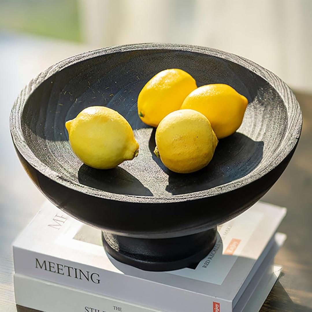 2 x Hanobe Decorative Wood Bowl for Centerpiece: Wooden Black Pedestal Bowl Decor for Entry Way Table - Large Coffee Table Decor Dough Bowl for Fruit,Keys