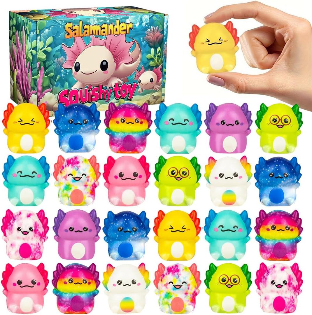 24 Pack Axolotl Slow Squishy Toys Soft Stress Relief Fidgets Toys for Kids Boys Girls Party Favors Novelty Prizes