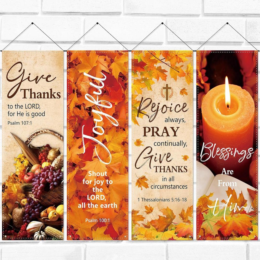 4 Pcs Thanksgiving Church Banners with Pole for Sanctuary Wall 2 x 6 Feet Autumn Harvest Inspirational Bible Verses Wall Decor Religious Praise Hanging Signs for Sunday School Church