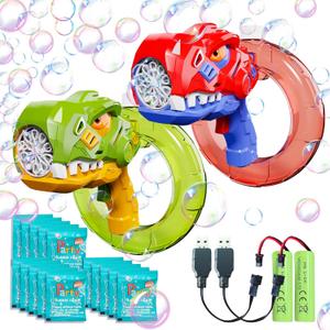 2 Pack Bubble Guns, Dinosaur Bubble Gun for Toddlers Kids, Bubble Blaster Gun with 15 Pack Bubble Solutions, Rechargeable Bubble Machine Gun with 500ML Large Capacity, 10000+Bubbles/Mins, Summer Toys